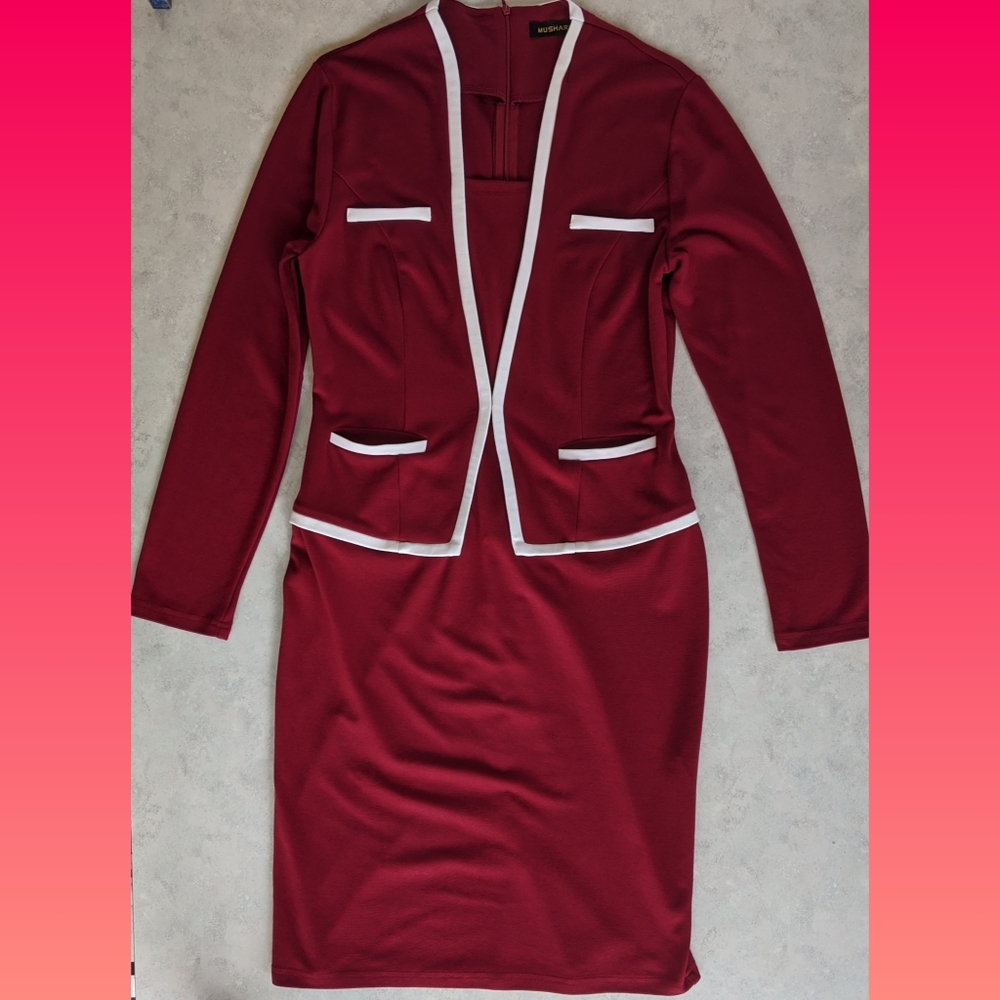 Red Women's Dress with faux long sleeve Blazer